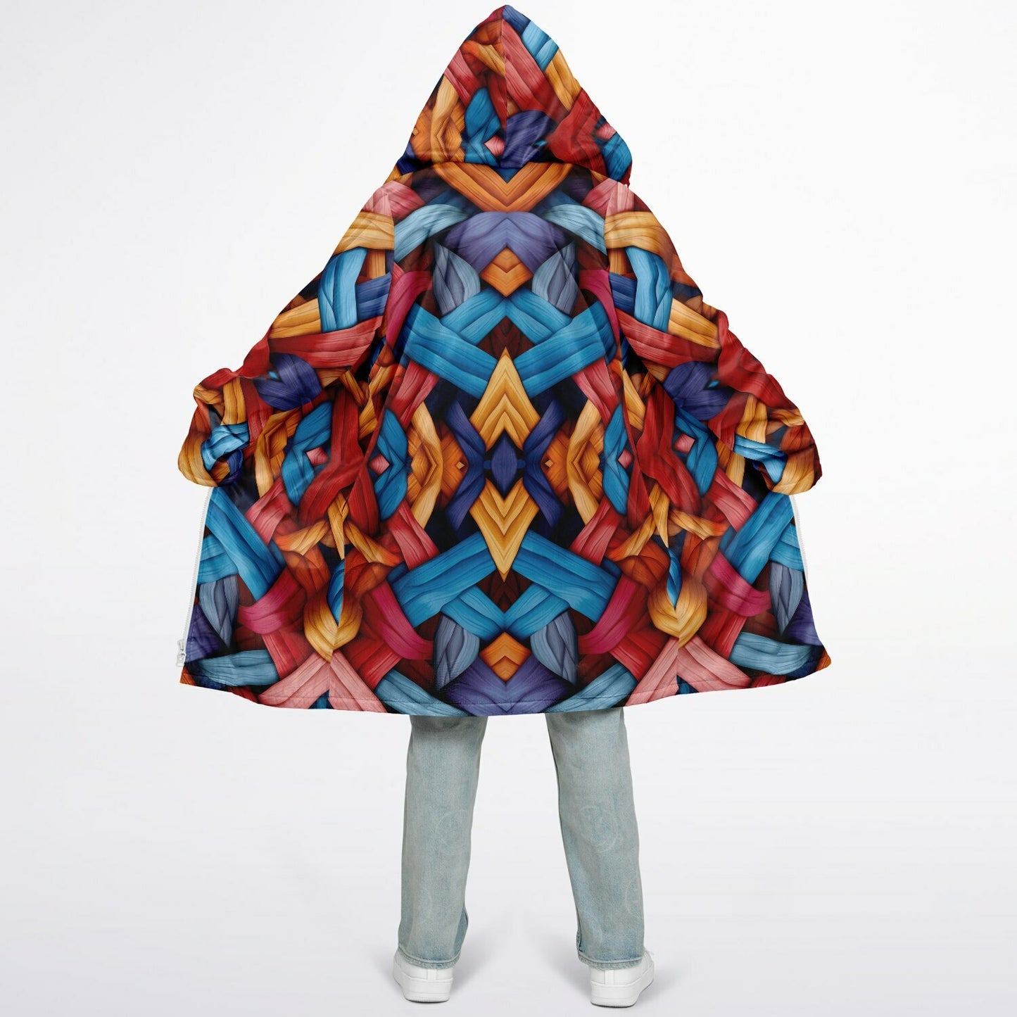 Zipper Cloak β Bold Blue & Red Weave Pattern, Creative Boho Hooded Wrap