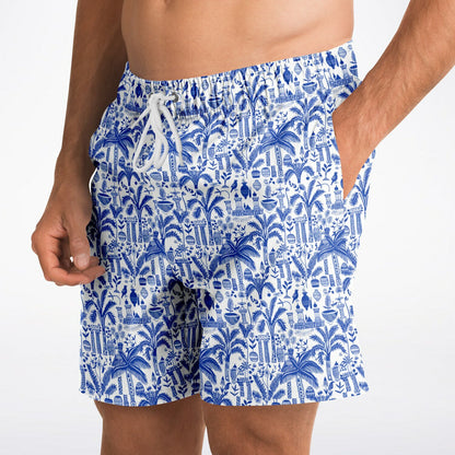 Men's Fashion Shorts | Ancient Art Blue & White Pattern Shorts | Birds & Palm Trees Fashion Shorts | Beach Shorts