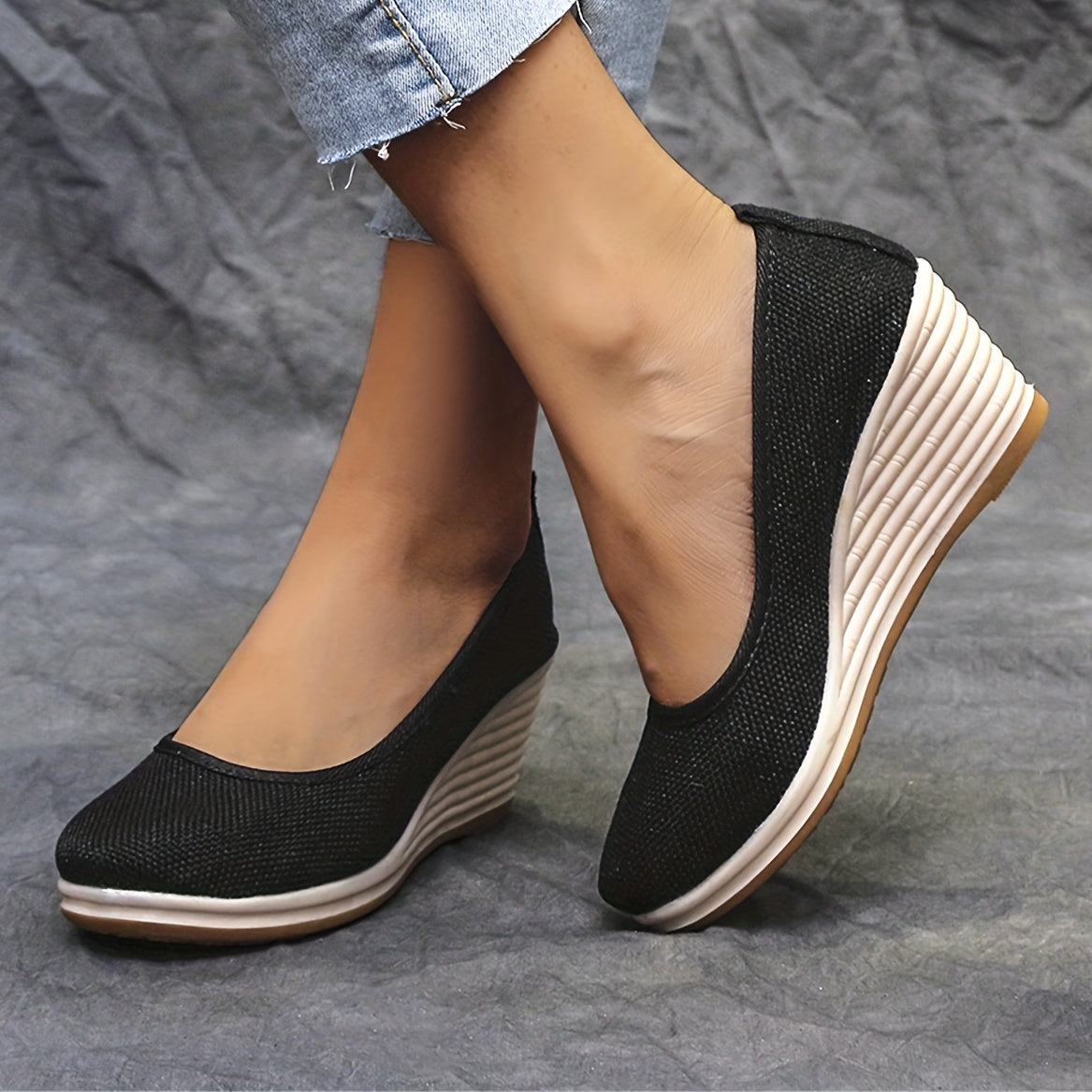 Bohemian Wedge Heel  Bohemian Breathable Fabric Wedge Heel Shoes | Women's Black & Natural Jute Mid-Heel Platform, TPR Sole for Autumn Casual & Semi-Formal Wear