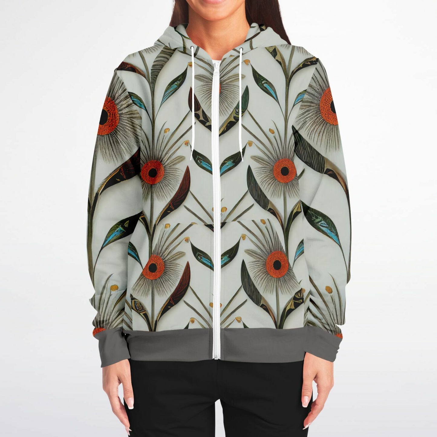 Gray Floral Athletic Zip-Up Hoodie – Unique One-of-a-Kind Women’s & Men’s Activewear Jacket