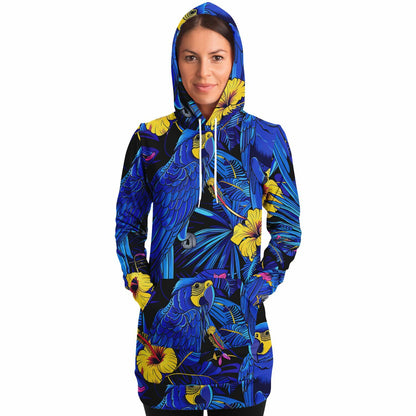 Fashion Longline Hoodie #colorful #vibrant #nature #exotic #floral #tropical #parrots #palm-leaves #wildlife #jungle #fashion #illustration #flowers #hibiscus