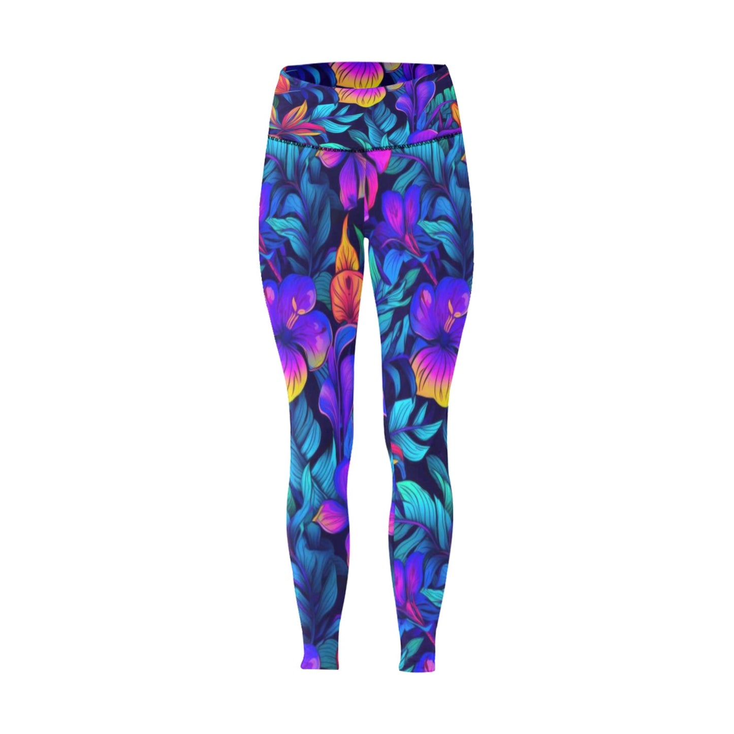 Women's High-Waisted Leggings Neon Tropical Flowers & Leaves