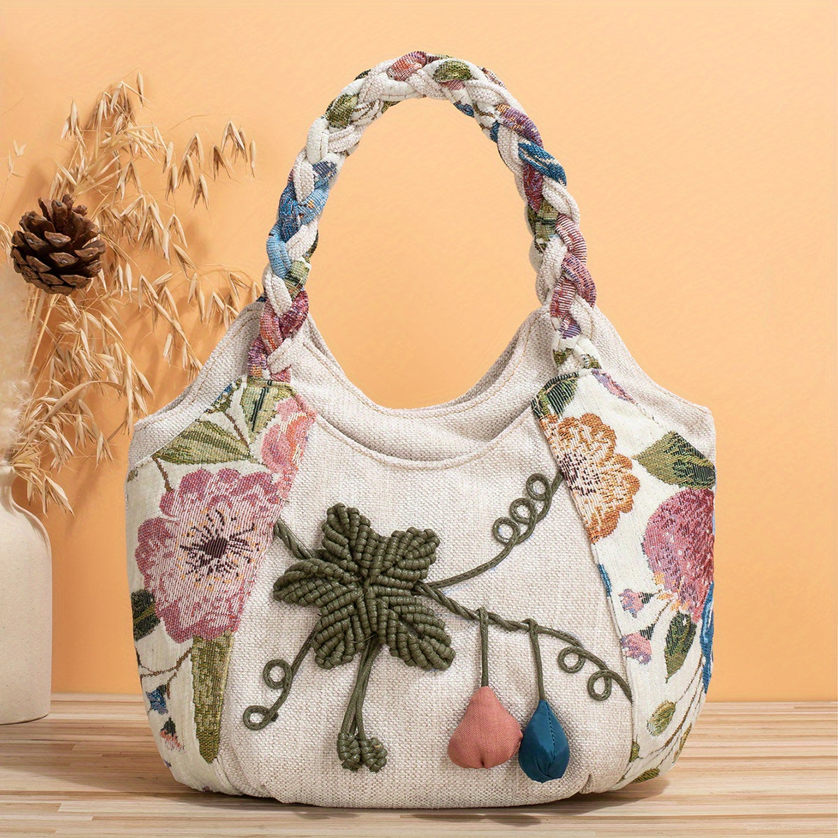 Bohemian Style Handmade Flower Tote Bag, Foldable, Zipper Closure, Fixed Shoulder Strap, with Wristlet, for Vacation