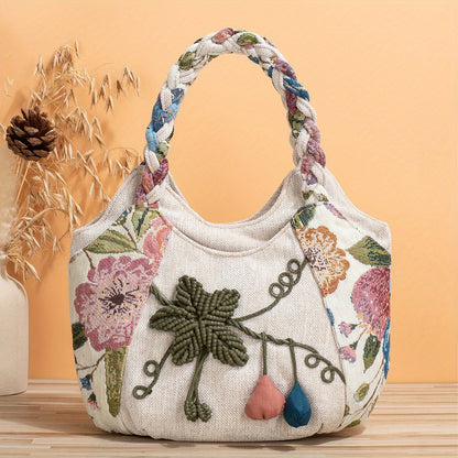 Bohemian Style Handmade Flower Tote Bag, Foldable, Zipper Closure, Fixed Shoulder Strap, with Wristlet, for Vacation