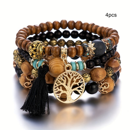 4pcs Bohemian Tree of Life Tassel Pendant Bracelet Set, 4-Piece Set with Random Bead Colors