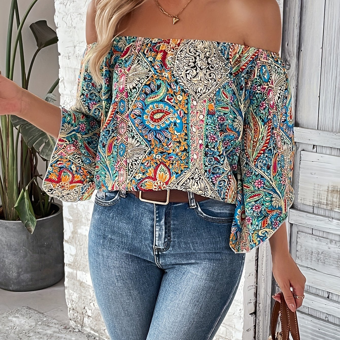 Bohemian Paisley Off-Shoulder Blouse - Lightweight with Statement Flare Sleeves - Perfect for Spring & Summer Outings