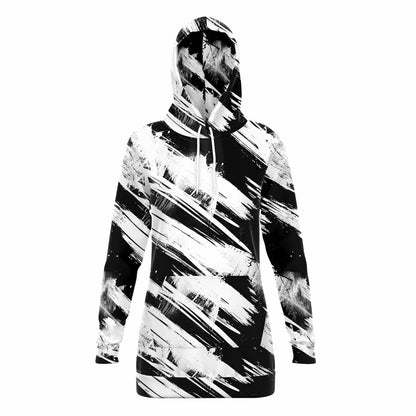 Fashion Longline Hoodie - #high-contrast#dynamic#graphic-design#expressive#gestural-abstraction#grunge#abstract#texture#black-and-white#brush-strokes