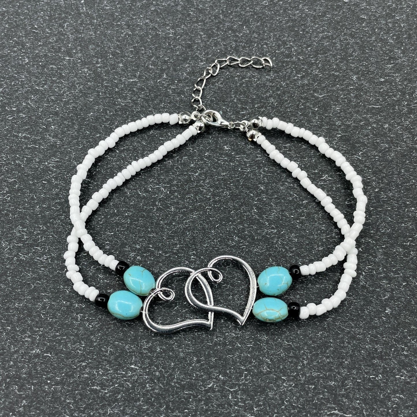 Bohemian Beach Beaded Feet Chain, Double Layer Heart Shaped Beaded Anklet