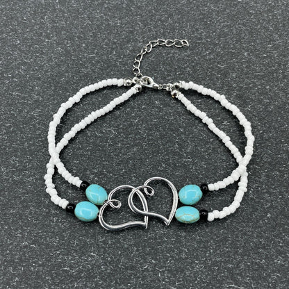 Bohemian Beach Beaded Feet Chain, Double Layer Heart Shaped Beaded Anklet