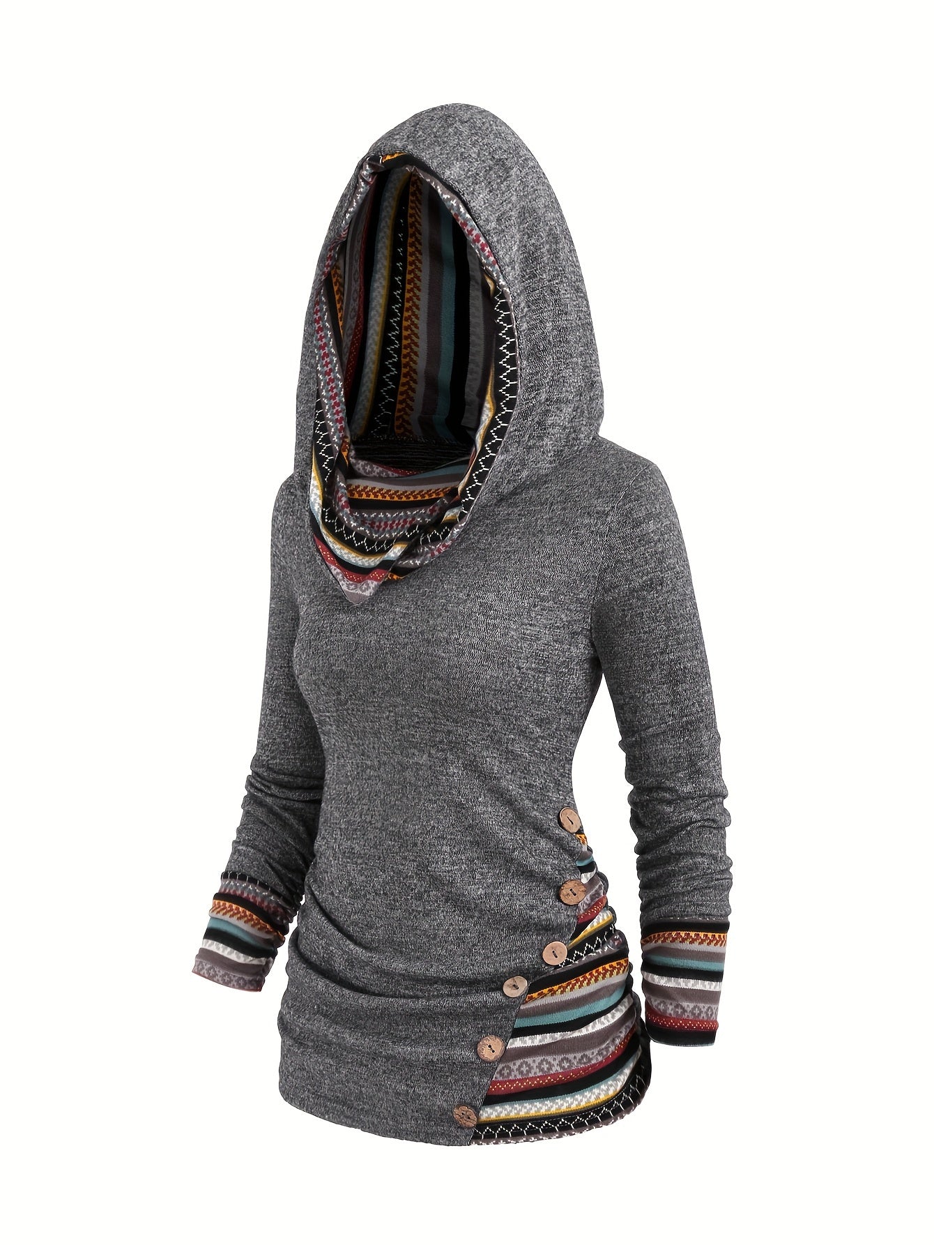 Stripe Splicing Button Decor Hoodie, Casual Long Sleeve Hoodie, Women's Clothing