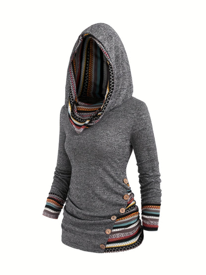 Stripe Splicing Button Decor Hoodie, Casual Long Sleeve Hoodie, Women's Clothing