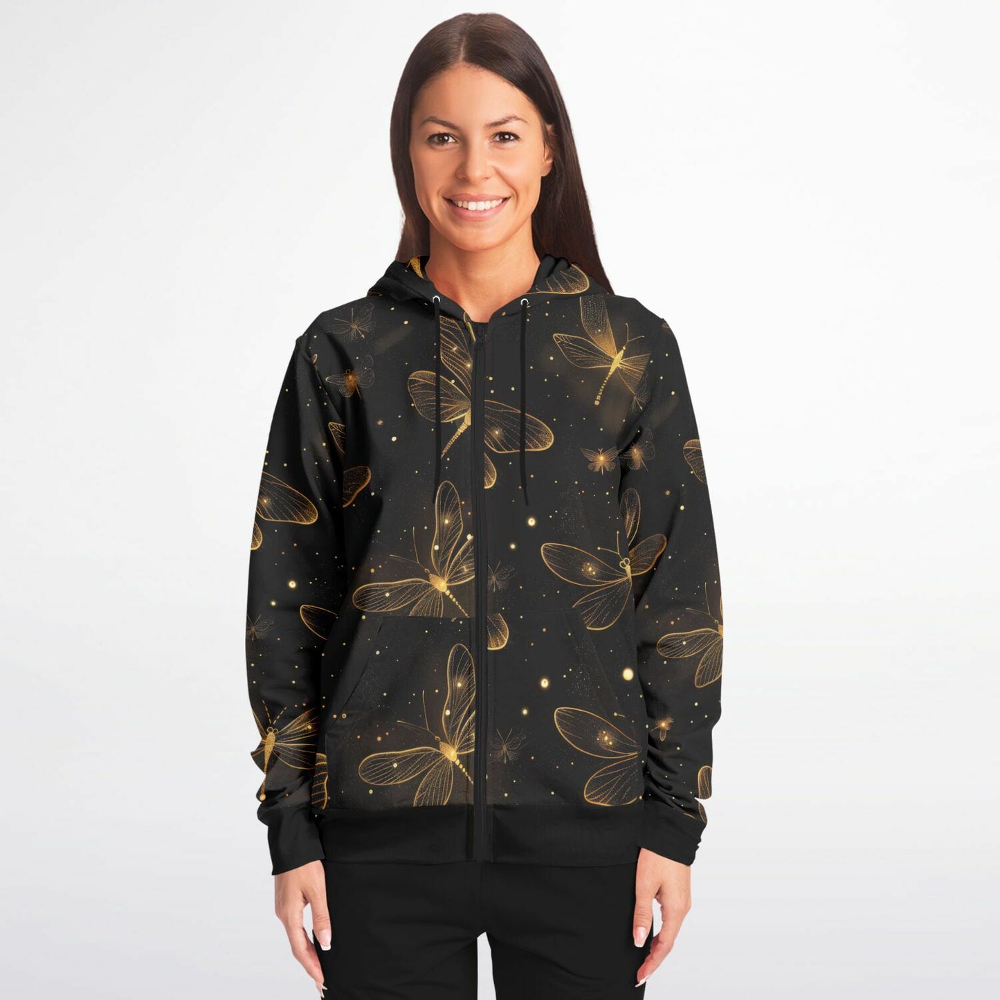 Golden Dragonfly Zip-Up Hoodie – Shimmering Night Sky All Over Print with Magical Ethereal Design | One of a Kind | Unique