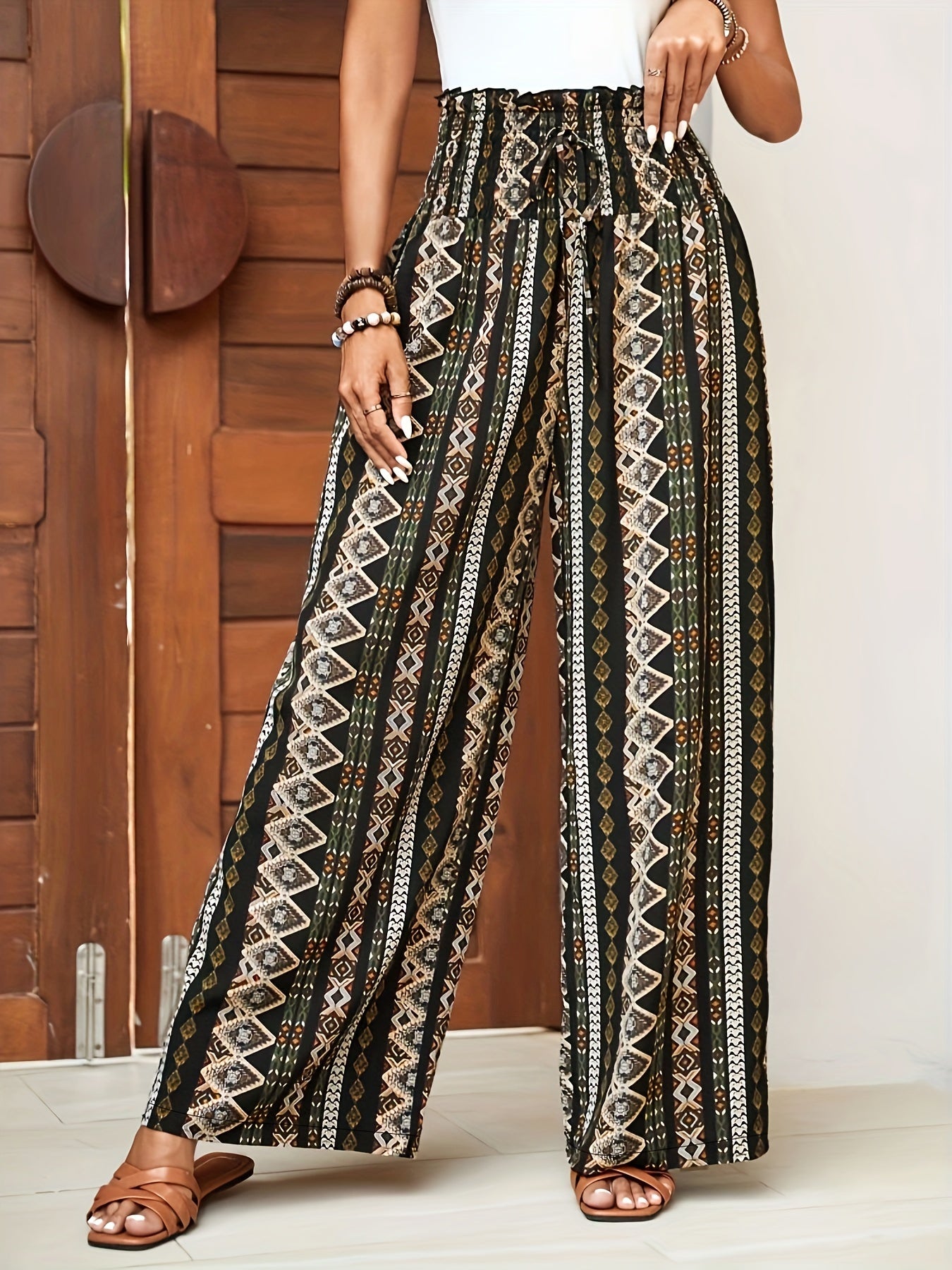 Women's Bohemian Style Wide Leg Pants - Ethnic Print, Beige & Black Color Scheme, Tie Waist, Perfect for Vacation, Leisure, and Weekend Wear