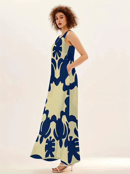 Women's Bohemian Floral Print V-Neck Sleeveless A-Line Dress with Pockets - Navy Blue & Beige Floral Pattern, Large Swing Skirt, All-Season Casual to Dressy Wear, Floral Print Dress, Versatile Fashion, Elegant Design, No Stre