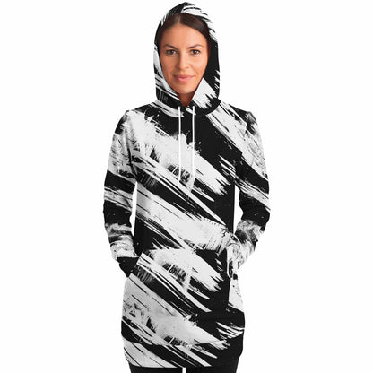 Fashion Longline Hoodie - #high-contrast#dynamic#graphic-design#expressive#gestural-abstraction#grunge#abstract#texture#black-and-white#brush-strokes