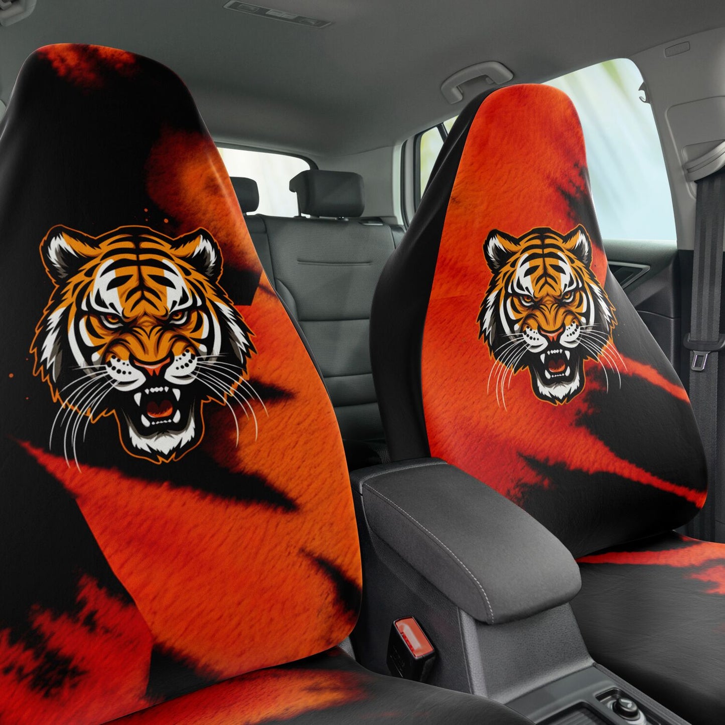 Black & Orange Bengal Car Seat Covers, Animal Print Auto Seat Protectors, Stylish Tiger Stripe Covers