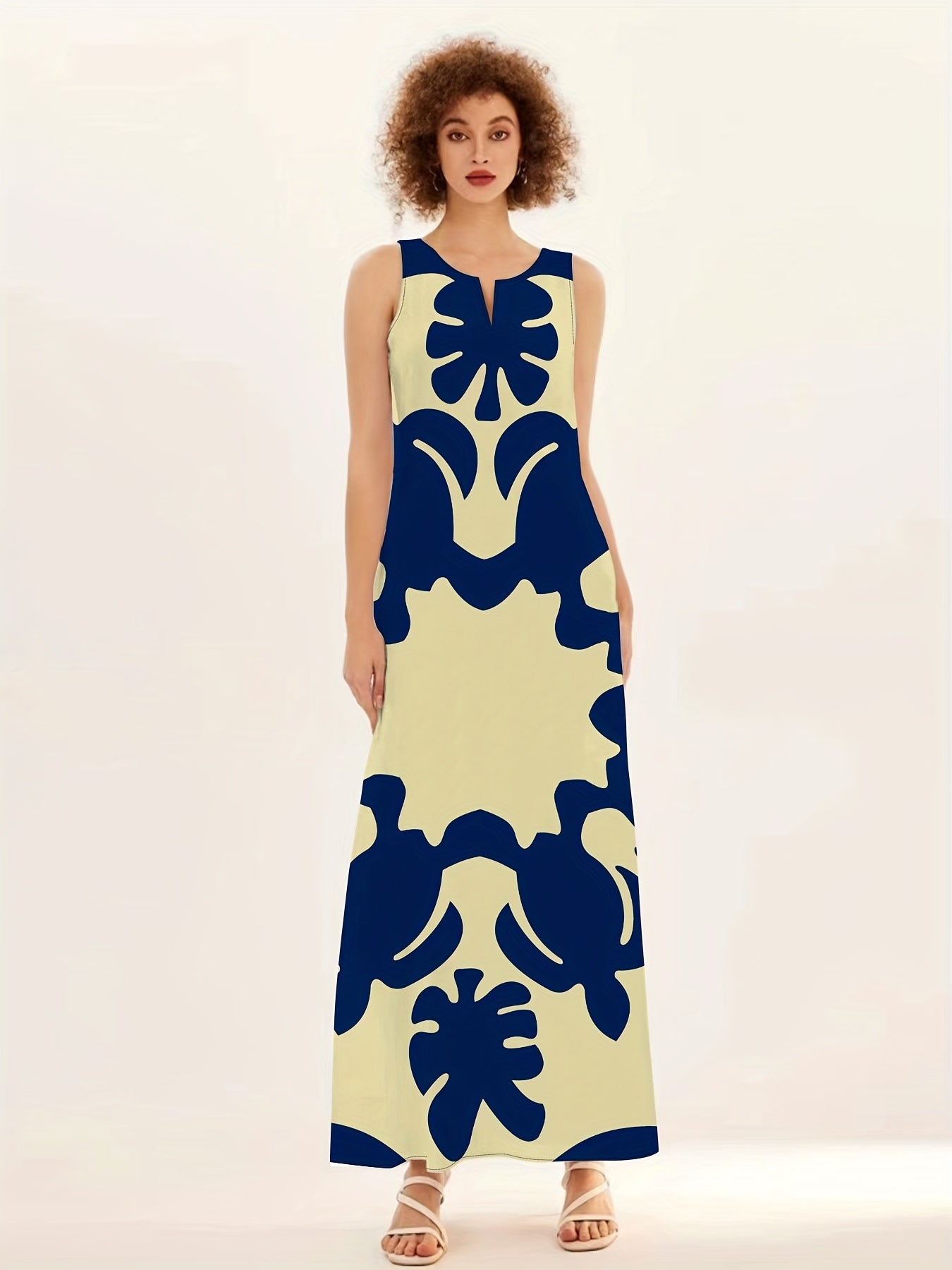 Women's Bohemian Floral Print V-Neck Sleeveless A-Line Dress with Pockets - Navy Blue & Beige Floral Pattern, Large Swing Skirt, All-Season Casual to Dressy Wear, Floral Print Dress, Versatile Fashion, Elegant Design, No Stre