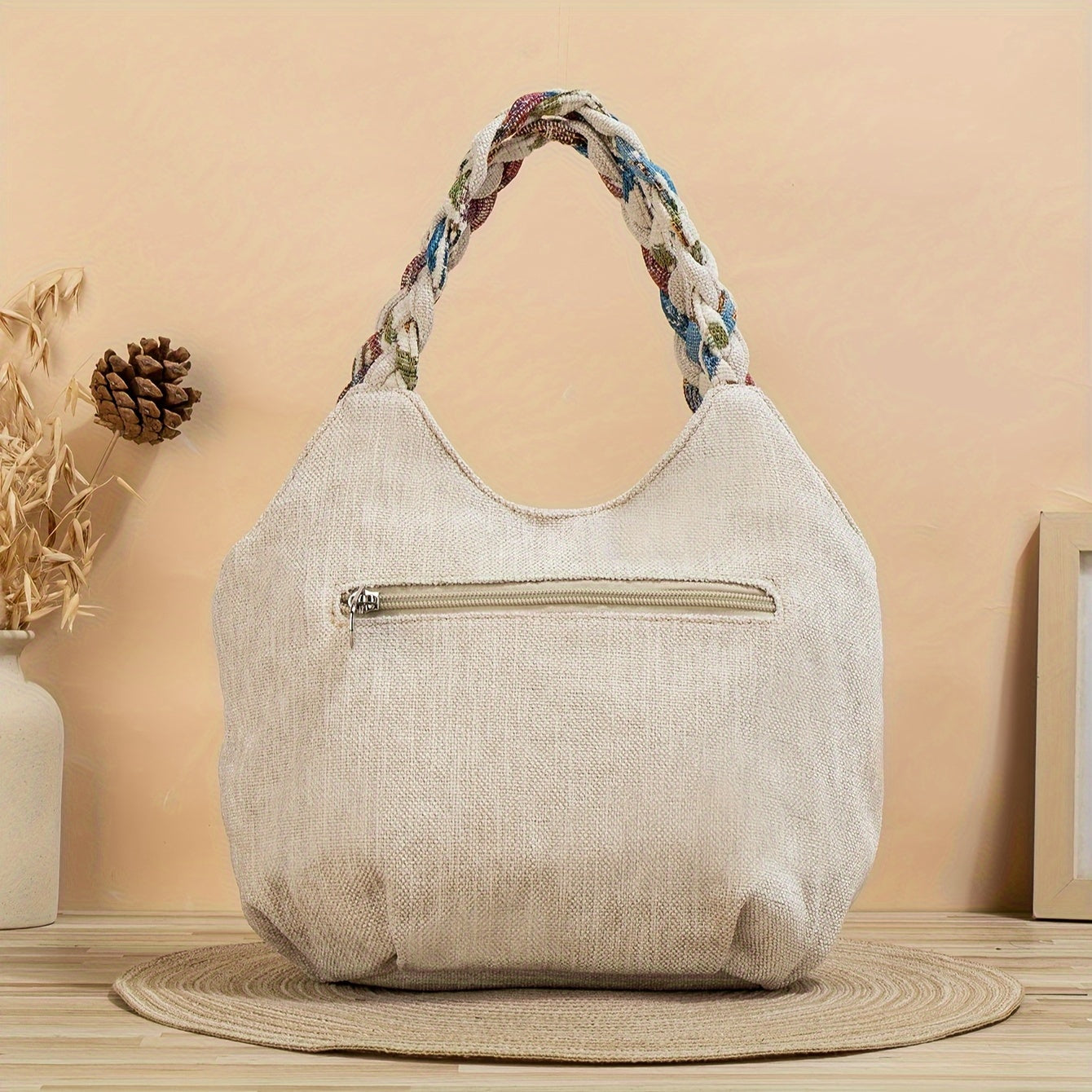 Bohemian Style Handmade Flower Tote Bag - Foldable, Zipper Closure, Fixed Shoulder Strap, Wristlet Included, Perfect for Vacation