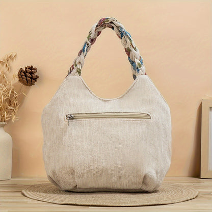 Bohemian Style Handmade Flower Tote Bag - Foldable, Zipper Closure, Fixed Shoulder Strap, Wristlet Included, Perfect for Vacation