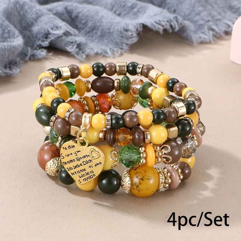 Bohemian Multilayer Bead Bracelet Peach Heart Pendant Vintage Couple Bracelet Handmade, Father's Day Gift