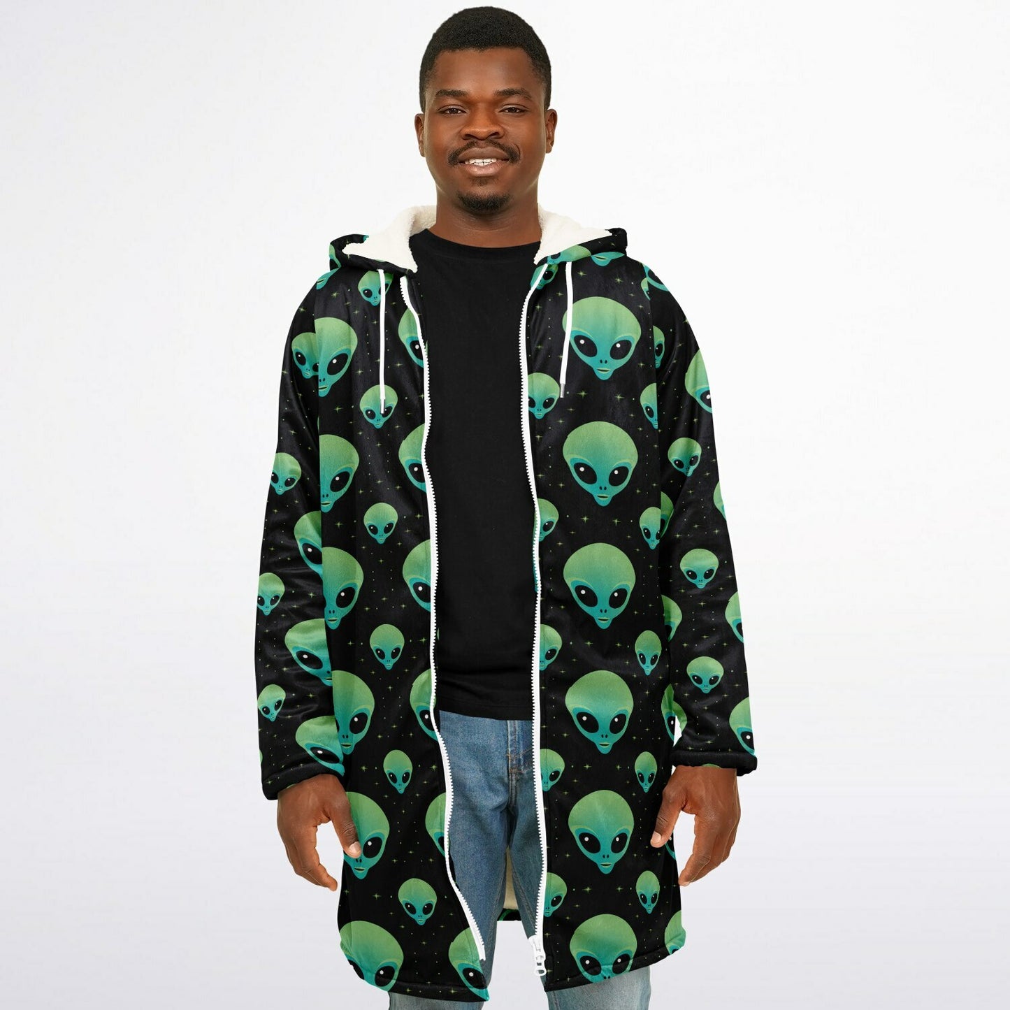 Black & Green Alien Terrestrial Zipper Cloak – One-of-a-Kind Hooded Cape for Festivals, Travel & Statement Style | Holloween Coat