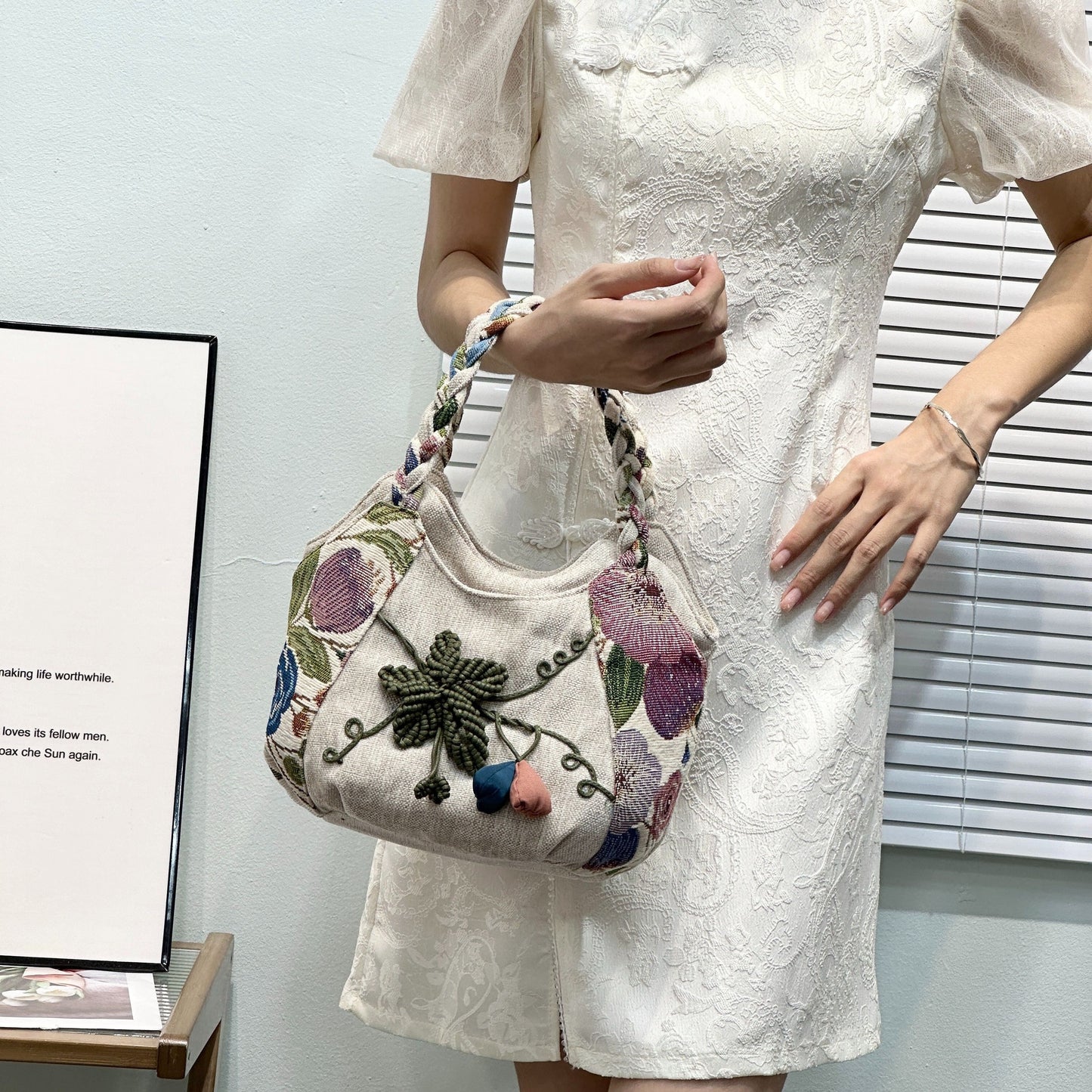 Bohemian Style Handmade Flower Tote Bag - Foldable, Zipper Closure, Fixed Shoulder Strap, Wristlet Included, Perfect for Vacation