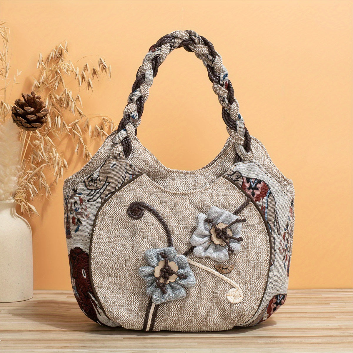 Bohemian Style Handmade Flower Tote Bag - Foldable, Zipper Closure, Fixed Shoulder Strap, Wristlet Included, Perfect for Vacation