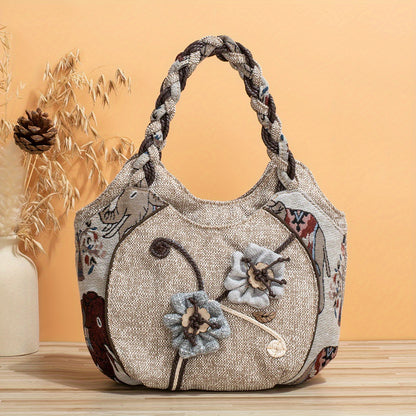 Bohemian Style Handmade Flower Tote Bag, Foldable, Zipper Closure, Fixed Shoulder Strap, with Wristlet, for Vacation