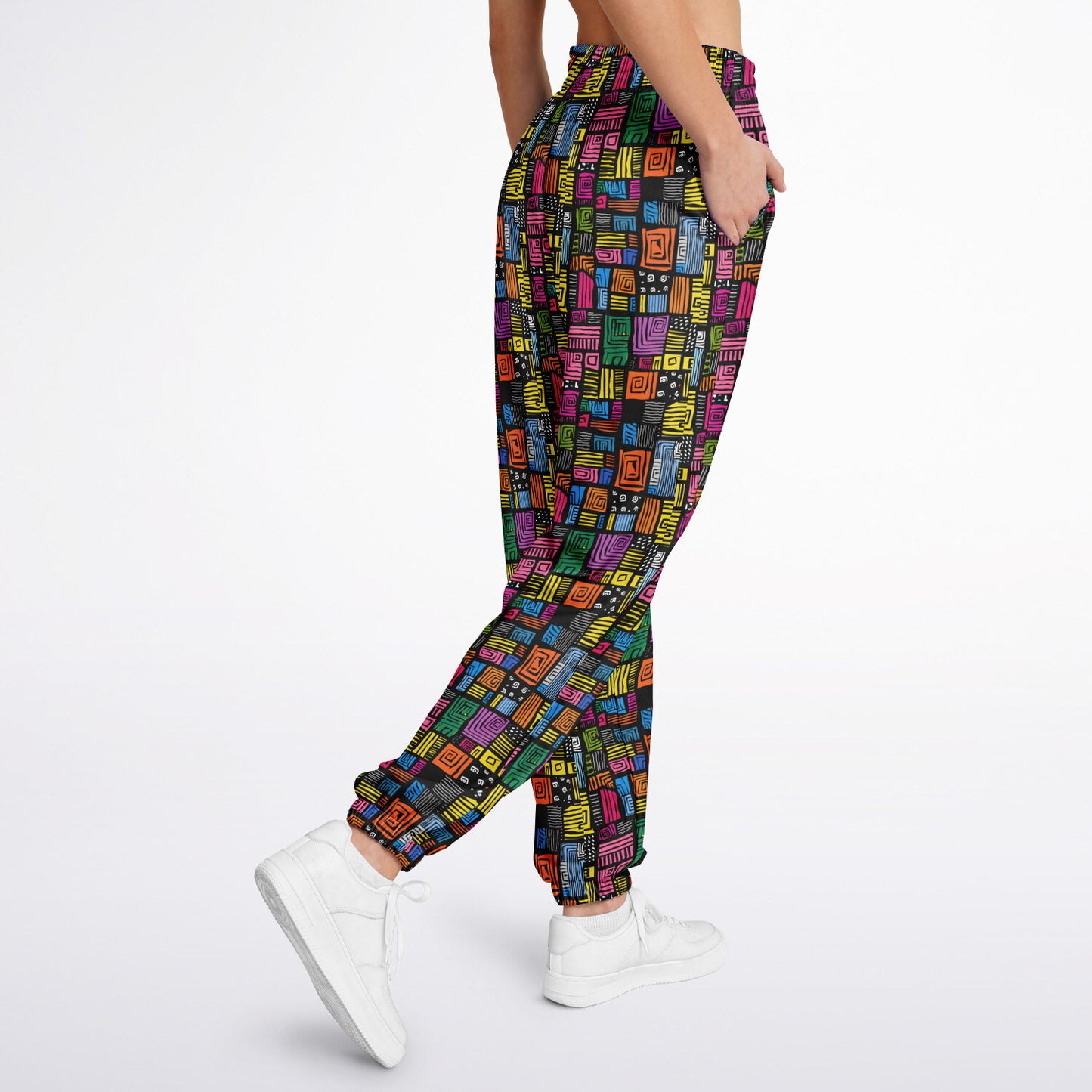 Athletic Sweatpants, Colorful Geometric Joggers, Abstract Pattern Activewear, Vibrant Grid Print Pants