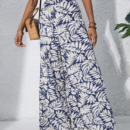 Bohemian Floral High Waist Elastic Waistband Women's Bohemian Floral Print Chiffon Wide-Leg Pants | Long Beach Trousers for Summer Vacation, Casual Elegant Style