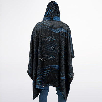Flannel Blanket Poncho – Abstract Blue Wave Art, Modern Cozy Wrap with Flow & Depth