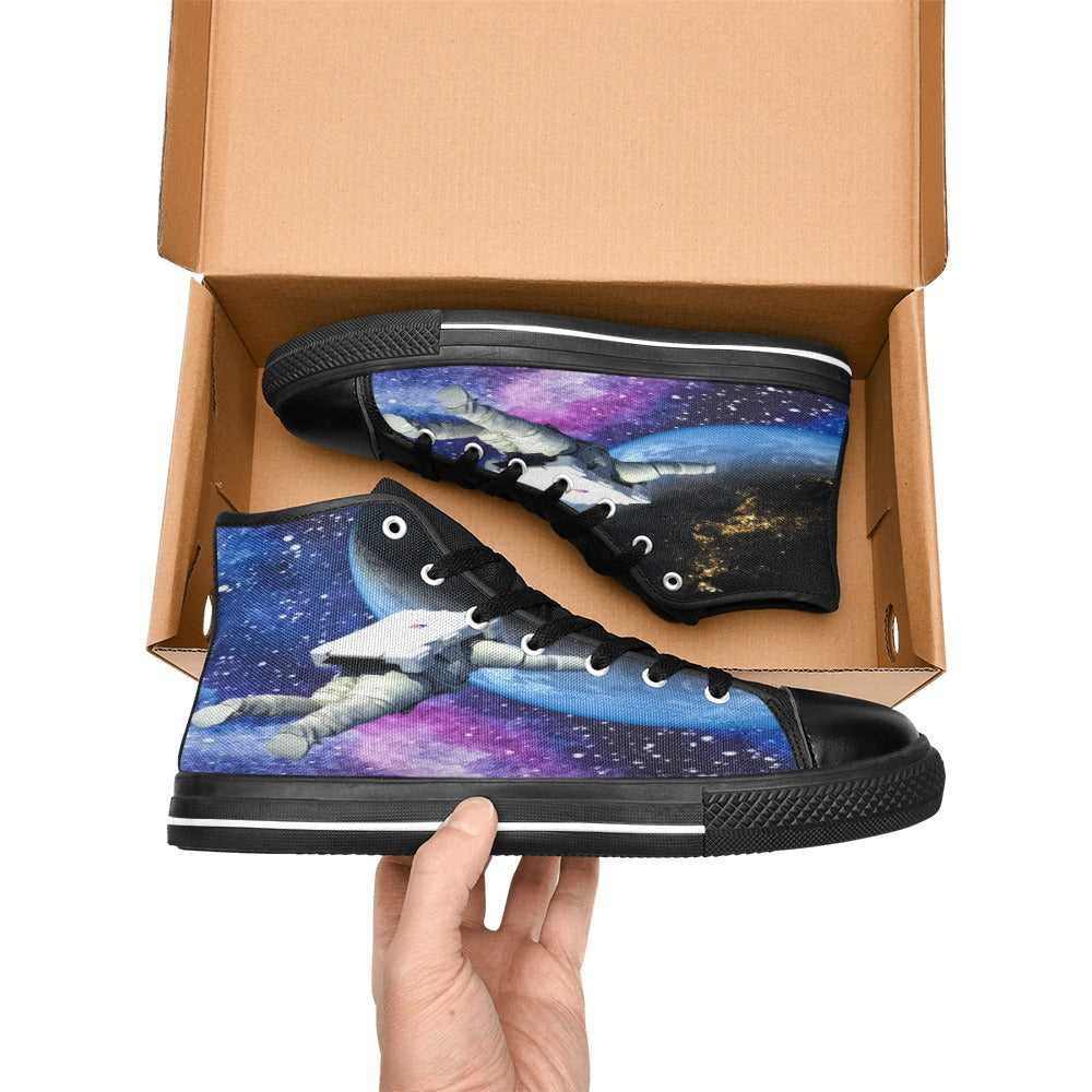 Mens Galaxy Shoes, High Tops Footwear Space Cadet Universe Canvas Sneakers Stars Astronomy Astronaut Nebula EDM Techno Epic Gift Ideas