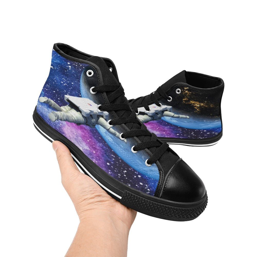 Mens Galaxy Shoes, High Tops Footwear Space Cadet Universe Canvas Sneakers Stars Astronomy Astronaut Nebula EDM Techno Epic Gift Ideas