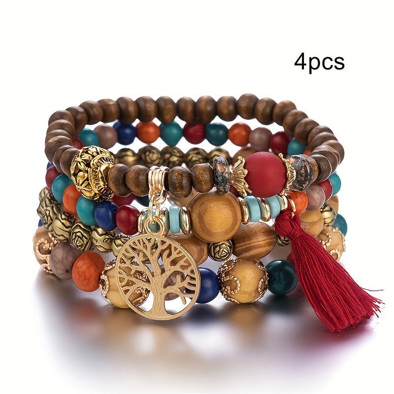 4pcs Bohemian Tree of Life Tassel Pendant Bracelet Set, 4-Piece Set with Random Bead Colors
