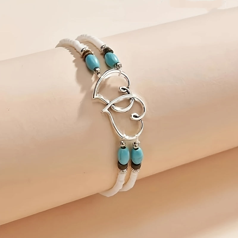 Bohemian Beach Beaded Feet Chain, Double Layer Heart Shaped Beaded Anklet