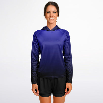 Blue & Black Gradient Women's Long Sleeve Hooded Performance Shirt