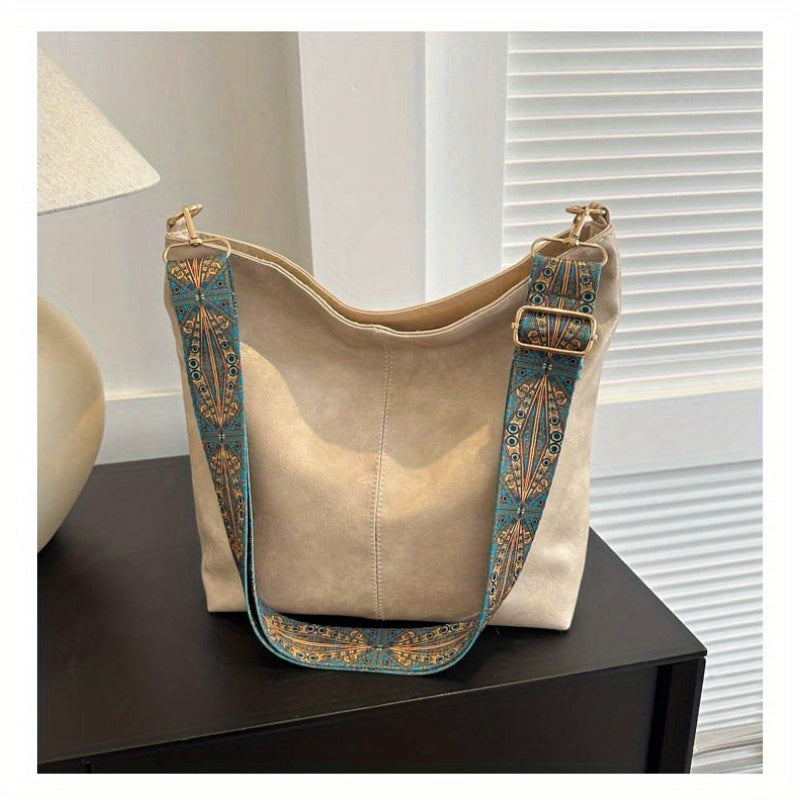 Bohemian Style Large Capacity Tote Bag for Women - Vintage Wide Strap Shoulder & Crossbody Bag with Intricate Embroidery, High-Quality Synthetic, White