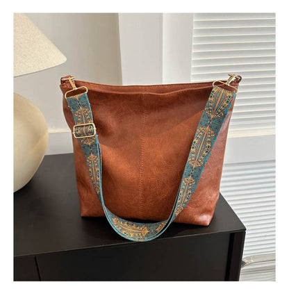 Bohemian Style Large Capacity Tote Bag for Women - Vintage Wide Strap Shoulder & Crossbody Bag with Intricate Embroidery, High-Quality Synthetic, White