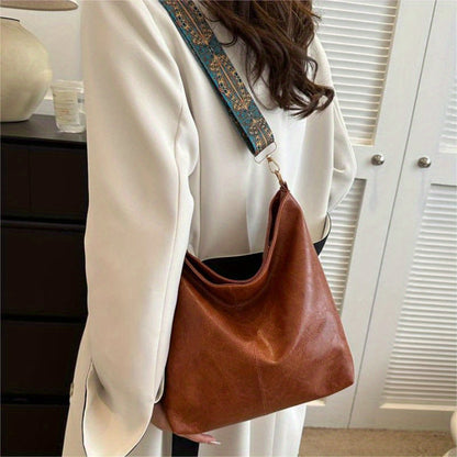 Bohemian Style Large Capacity Tote Bag for Women - Vintage Wide Strap Shoulder & Crossbody Bag with Intricate Embroidery, High-Quality Synthetic, White