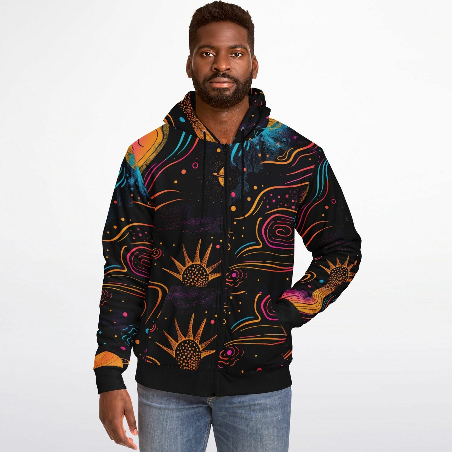 Custom Design Zip Hoodie, Cosmic Psychedelic Sweatshirt, Vibrant Celestial Planets & Stars Zip Up