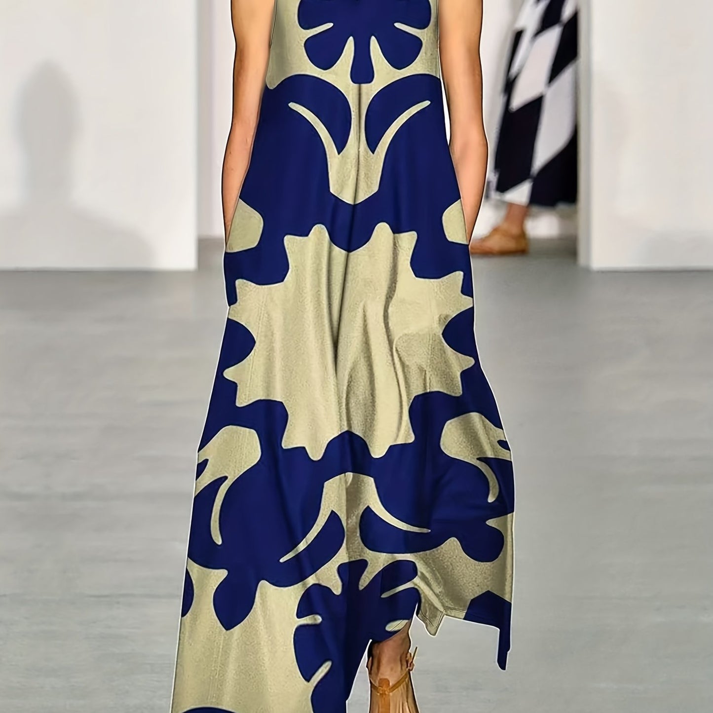 Women's Bohemian Floral Print V-Neck Sleeveless A-Line Dress with Pockets - Navy Blue & Beige Floral Pattern, Large Swing Skirt, All-Season Casual to Dressy Wear, Floral Print Dress, Versatile Fashion, Elegant Design, No Stre
