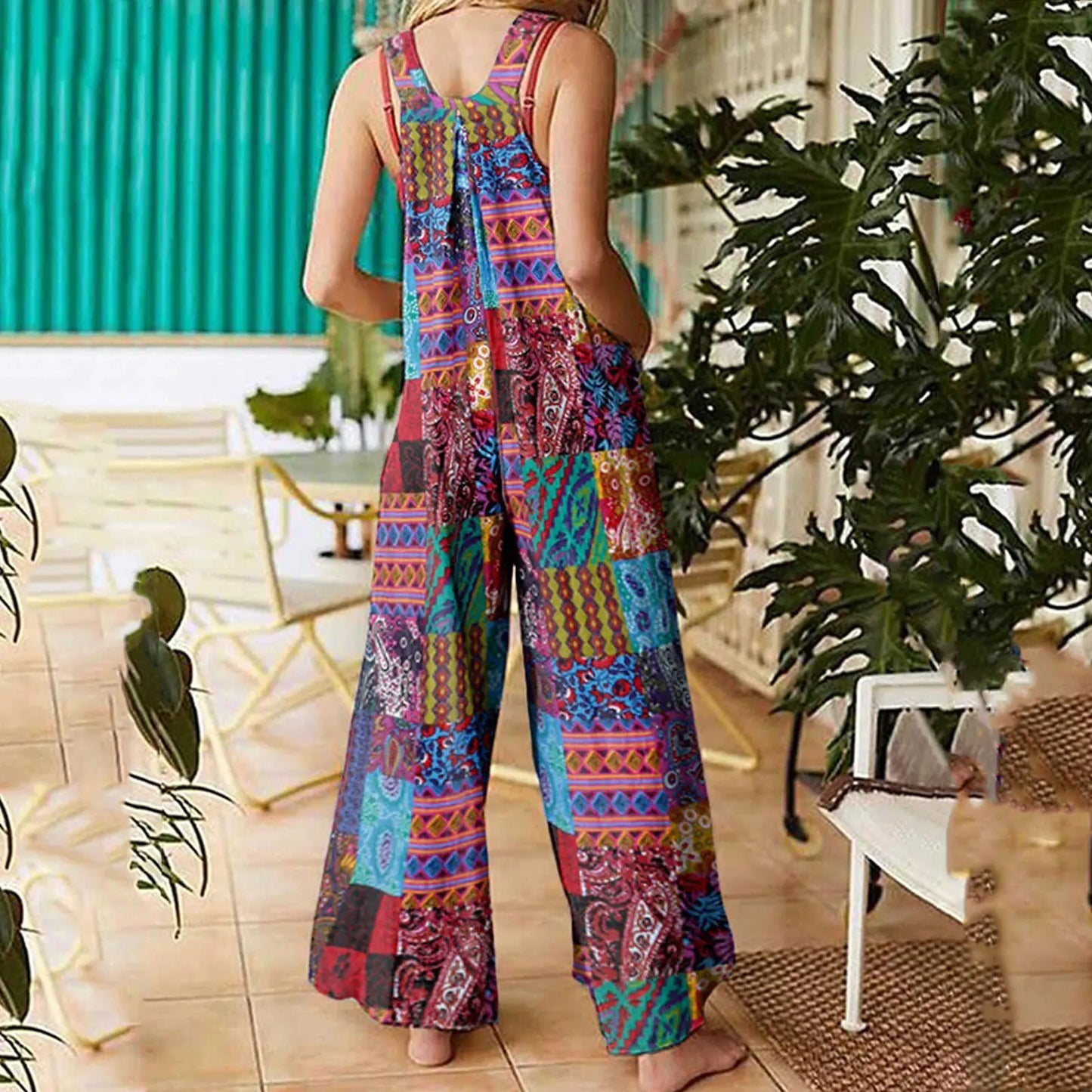 Women's Ethnic Style Patchwork Button Strap Jumpsuit