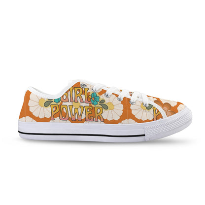 70's Mid Mod Groovy Hippie Boho Sneakers, Retro 70's Vibe Girl Power Women's Low Top Sneakers