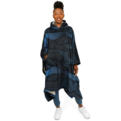 Flannel Blanket Poncho – Abstract Blue Wave Art, Modern Cozy Wrap with Flow & Depth