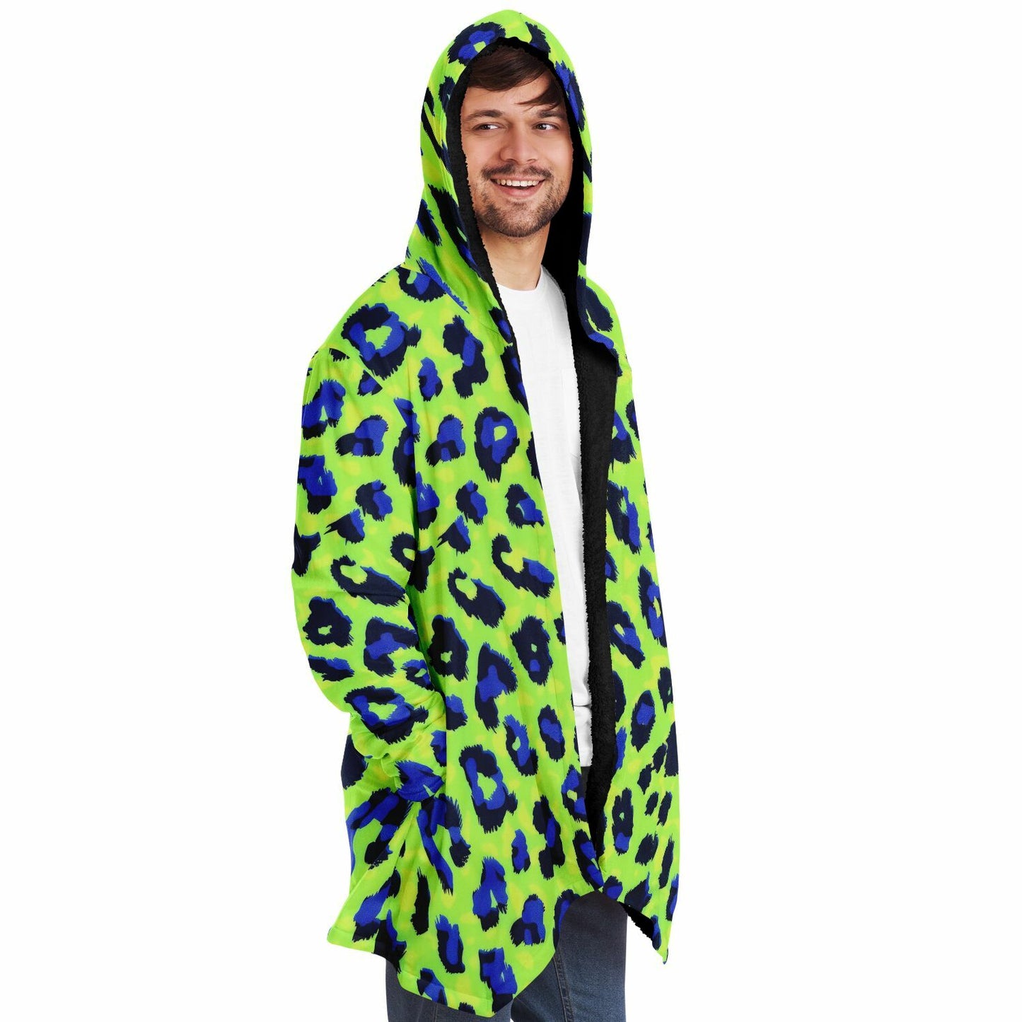 Boho Men Style Cloak – Neon Green Blue Abstract Animal Print Hooded Wrap