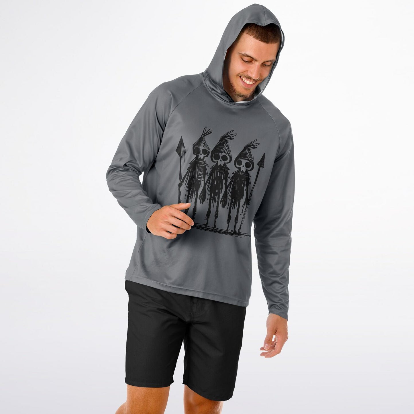 Men’s Hooded Performance Shirt – Tribal Warrior Skull Sketch Long Sleeve