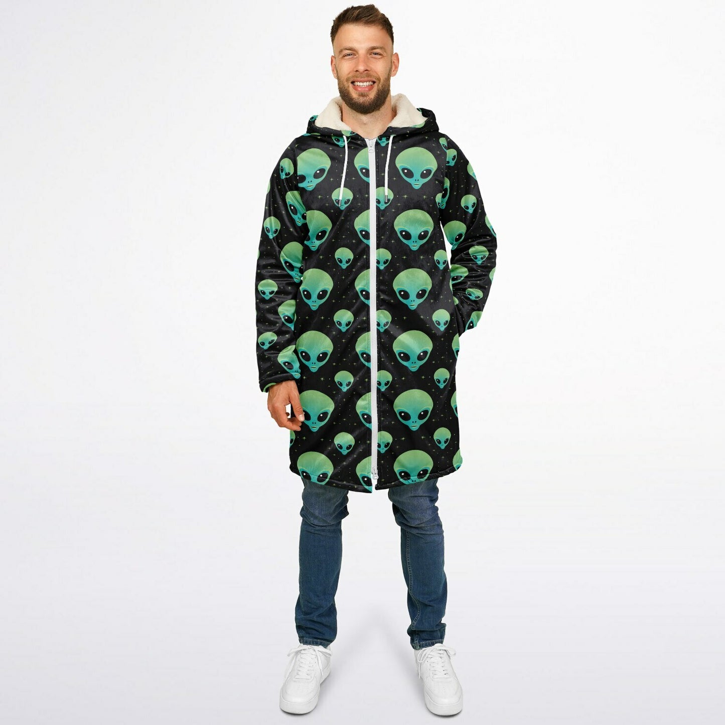 Black & Green Alien Terrestrial Zipper Cloak – One-of-a-Kind Hooded Cape for Festivals, Travel & Statement Style | Holloween Coat