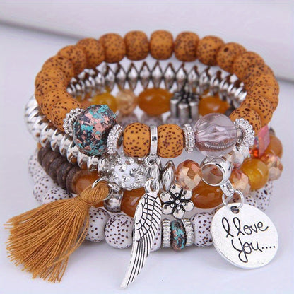 4pcs/Set Disc Love Wings Tassel Volcano Stone Beads Bracelet, Pink & Multicolor Beads Retro Bohemian Holiday Gift