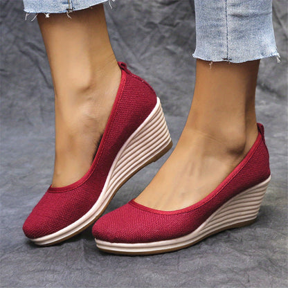 Bohemian Wedge Heel  Bohemian Breathable Fabric Wedge Heel Shoes | Women's Black & Natural Jute Mid-Heel Platform, TPR Sole for Autumn Casual & Semi-Formal Wear