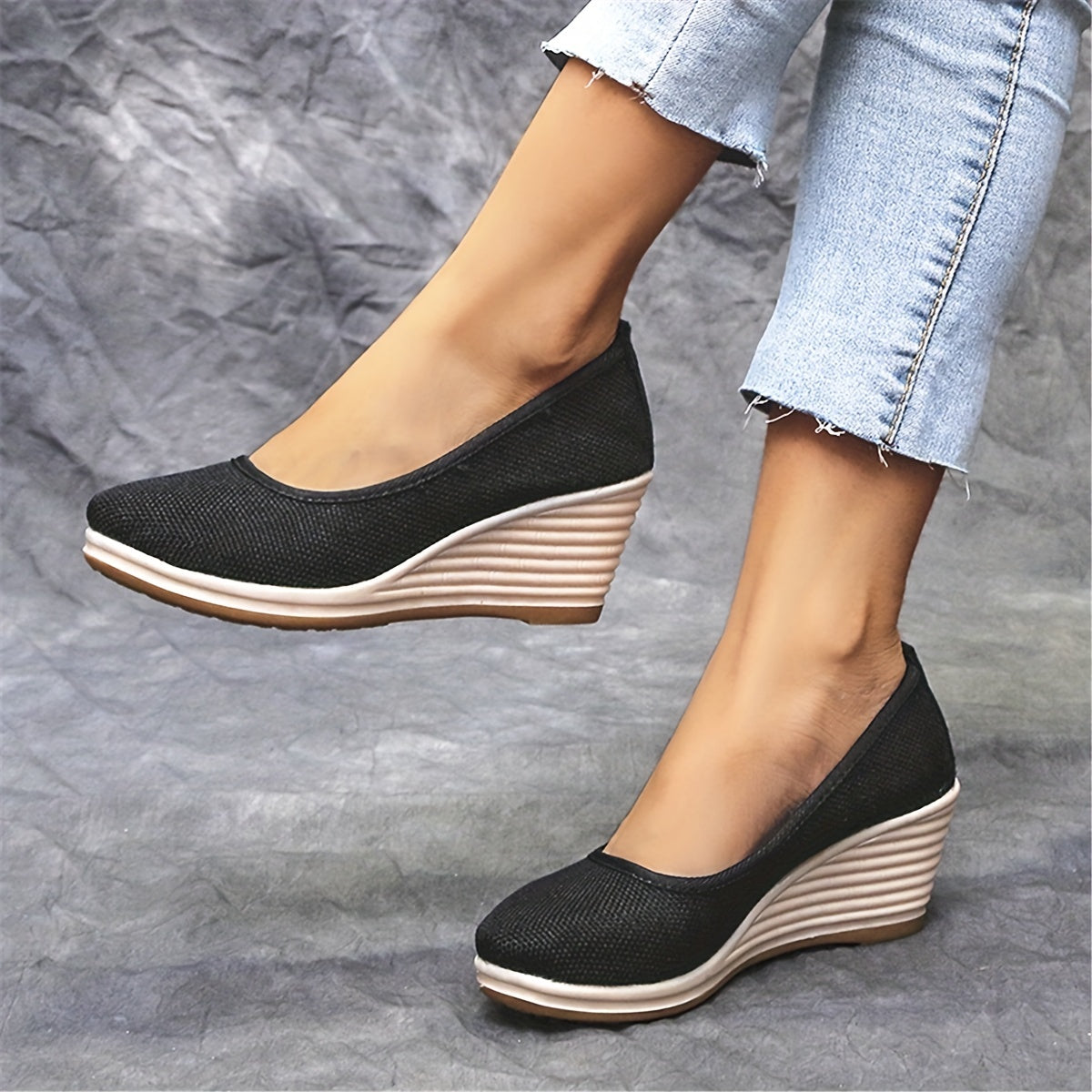 Bohemian Wedge Heel  Bohemian Breathable Fabric Wedge Heel Shoes | Women's Black & Natural Jute Mid-Heel Platform, TPR Sole for Autumn Casual & Semi-Formal Wear
